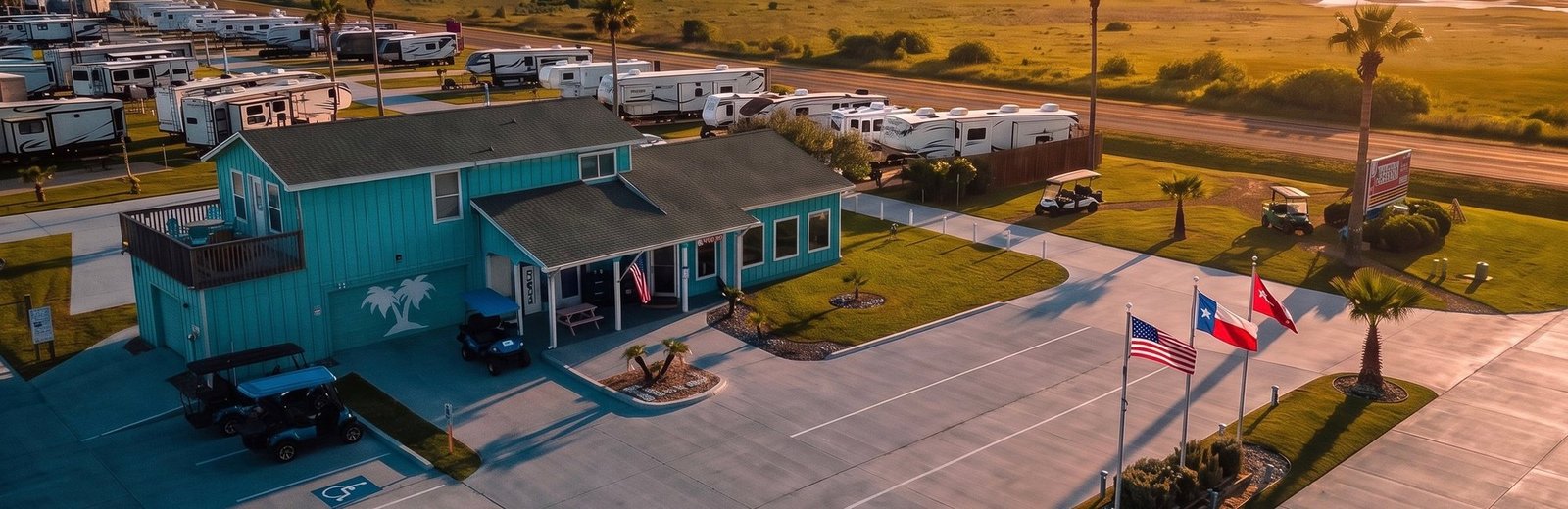 Aerial view of the resort front office and RV sites