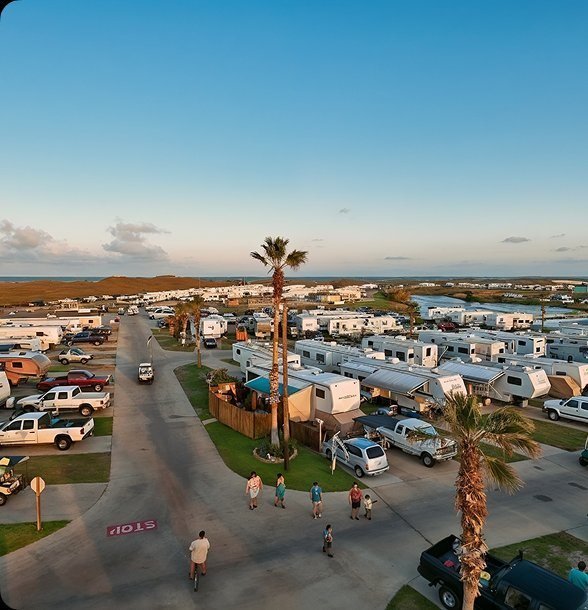 Paved roads running between the RV sites at Pioneer